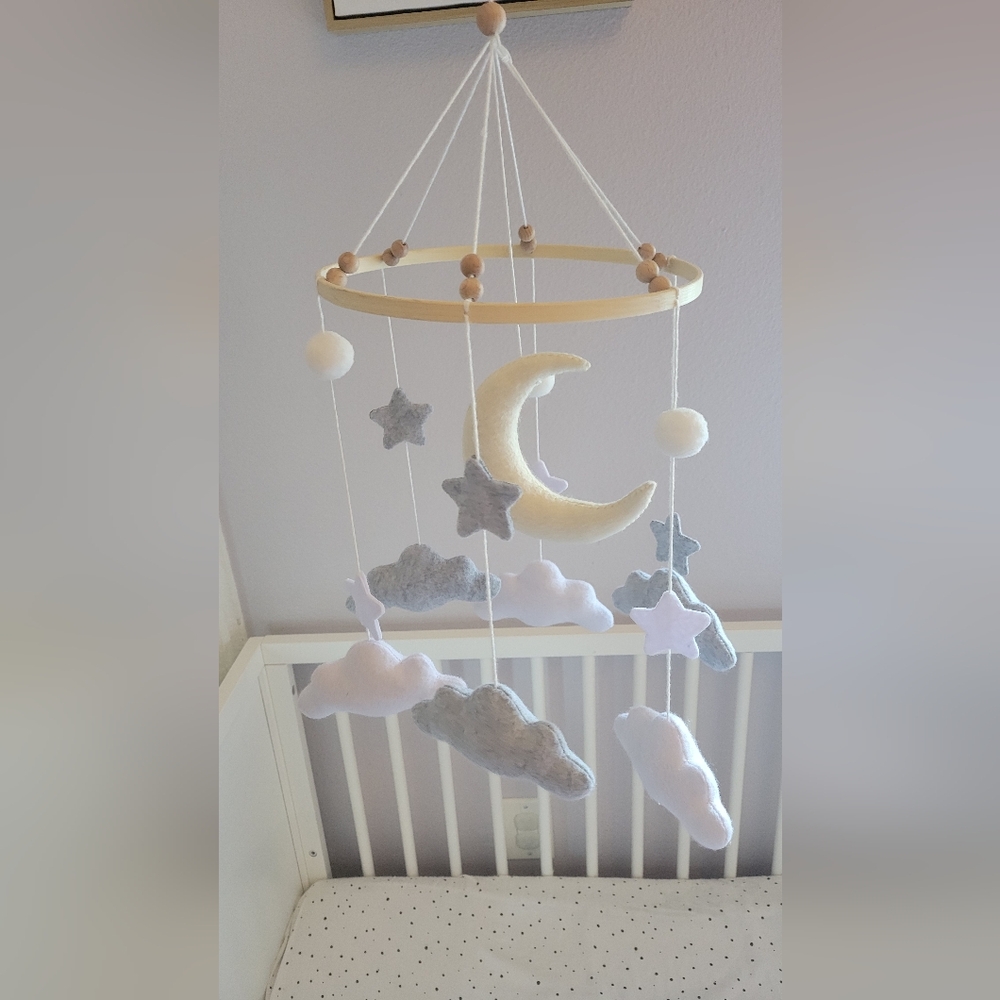 Gender nuetral boy girl felt baby mobile clouds moon stars grey white wood